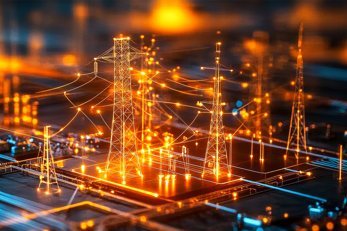 A digital graphic of miniatarized electricity transmission towers.