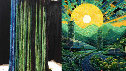 On the left is a detail of Energy Pools, a multi-colored fiber art installation and on the right is a detail from Jeremy Hadfield's Solarscapes
