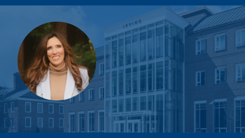 A photo of Giulia Siccardo superimposed over a photo of the Irving Institute, with a semi-transparent blue foreground.