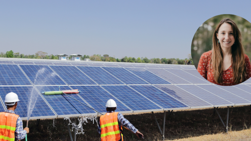 Workers washing a solar pv array with an inset picture of Professor Mayfield