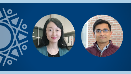 Photos of Yan Li and Vikrant Vaze with a blue background and a portion of the Irving Institute burst graphic.