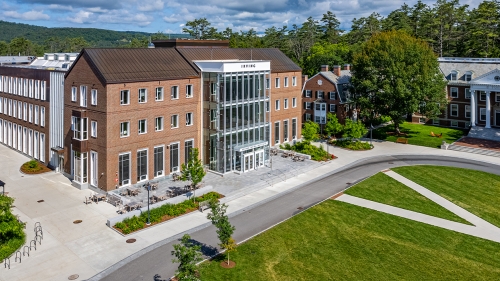 An aerial view of the Irving Institute on the Dartmouth campus.