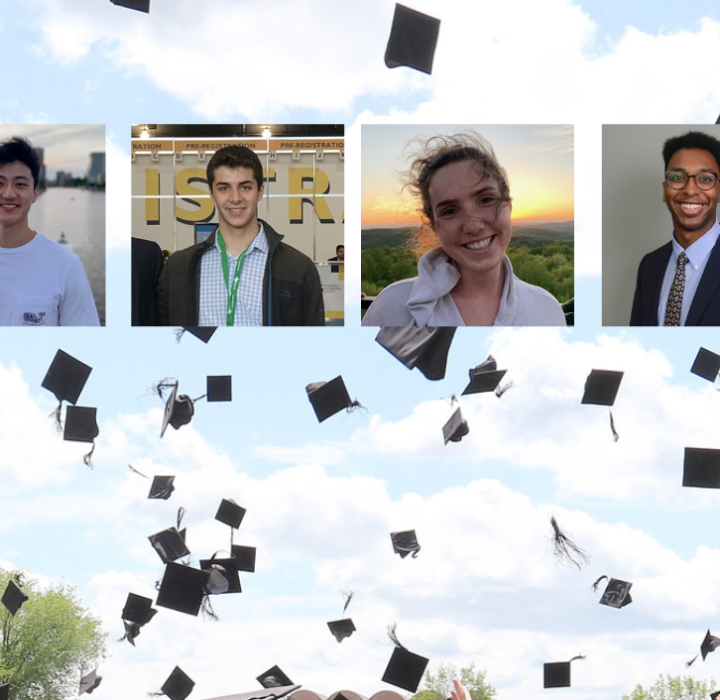 An image of six small thumbnails Dartmouth graduates superimposed over an image of mortarboard being thrown in the air
