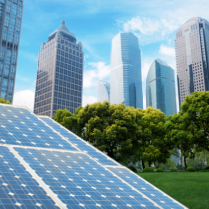 skyscrapers and trees in background with solar panels in foreground