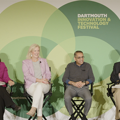 Image of Annie Kuster, Abby Hopper, Aly Jeddy, and Dan Reichert sitting on a stage at Dartmouth Innovation and Technology Festival