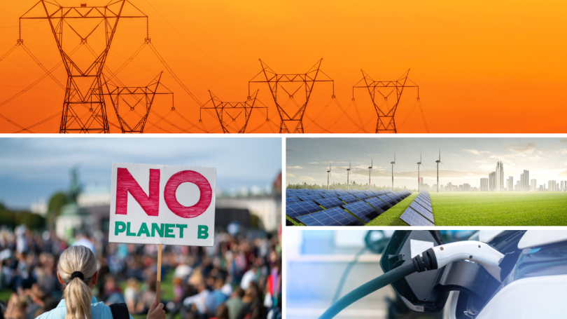 a collage of energy focused images including transmission towers a climate protest solar panels and an electric car being charged
