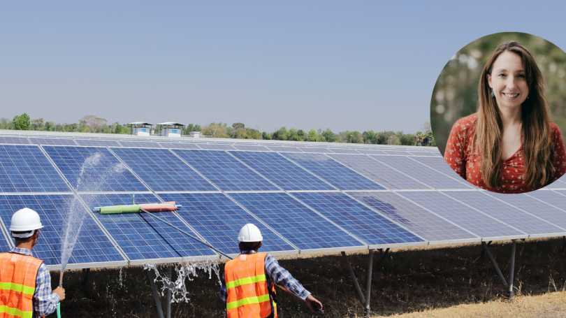 Workers washing a solar pv array with an inset picture of Professor Mayfield