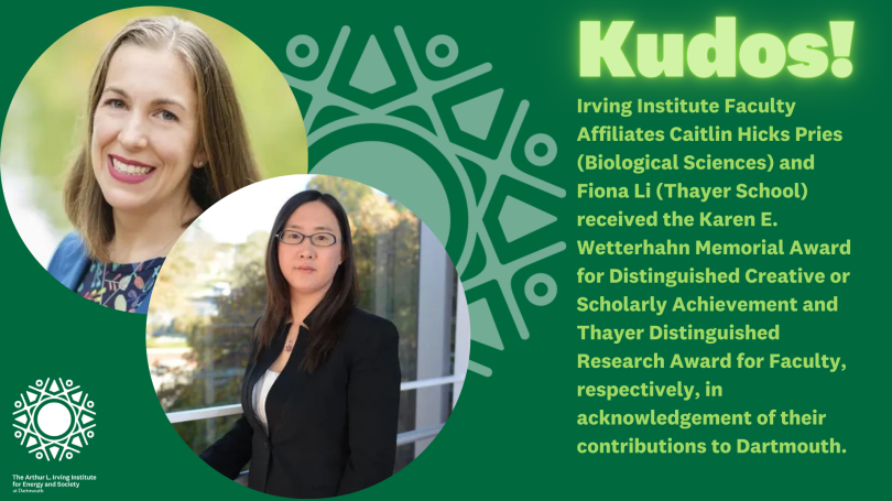 Images of Caitlin Hicks Pries and Fiona Li on a green background with the Irving Institute brandmark and text that reads: Kudos! Irving Institute Faculty Affiliates Caitlin Hicks Pries (Biological Sciences) and Fiona Li (Thayer School) received the Karen