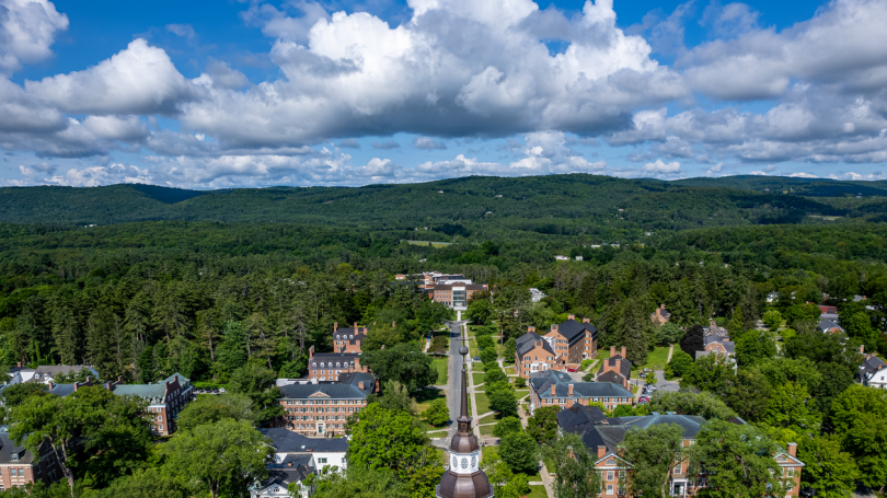 a view of the west end of Dartmouth's campus with moutains on the horizon