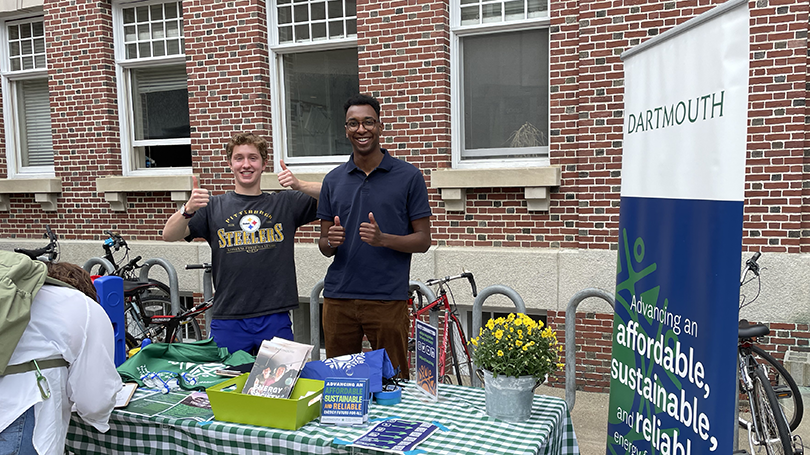 Nate Roe '23 and Max Holden '22 talk to students during New Student Orientation