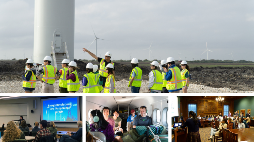 top image: students at a wind power installation site; bottom left: students in an energy 101 class; middle : students traveling to alaska to install a micro hyrdo system; right: faculty present on their research