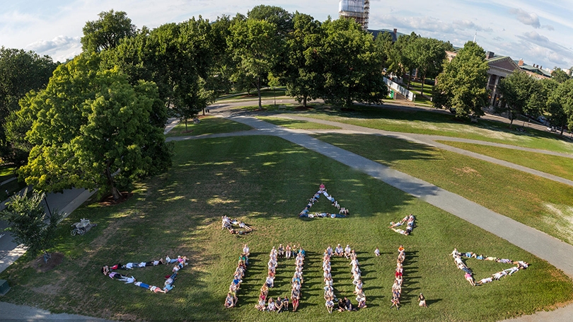 People spelling out 100% on the Dartmouth Green