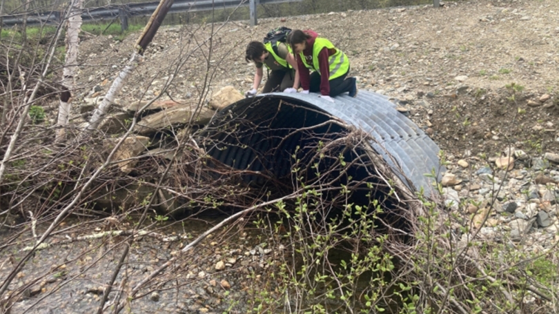 Two people kneel atop a culvert with water running through it.