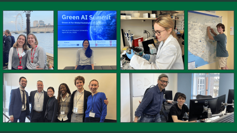 A collage of 6 photos: 2 students wearing red lanyards, a student in front of a large screen, a student wearing a white lab coat in a scientific lab, a student standing at a wall with a large map, 6 people with their arms around each other, 2 at a desk.