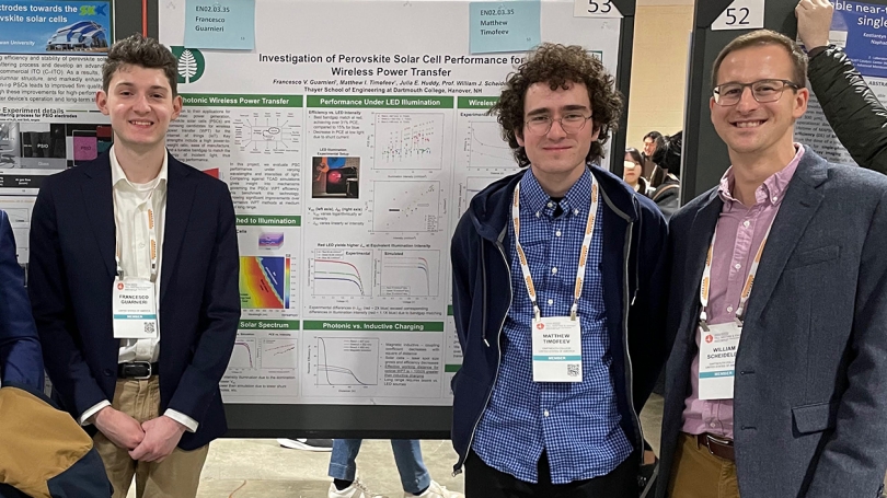 A group of people stand in front of an academic poster with text and graphics.