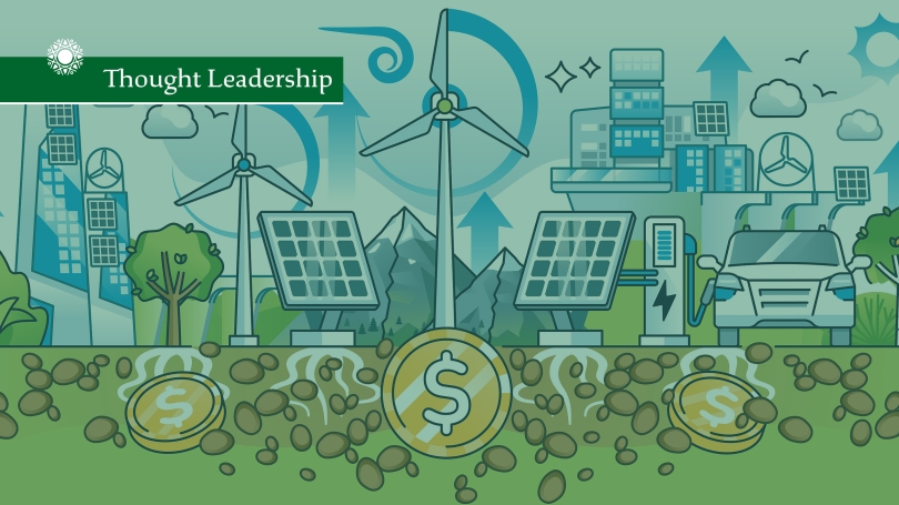An illustration of several energy sources and uses atop pebbles and coins.