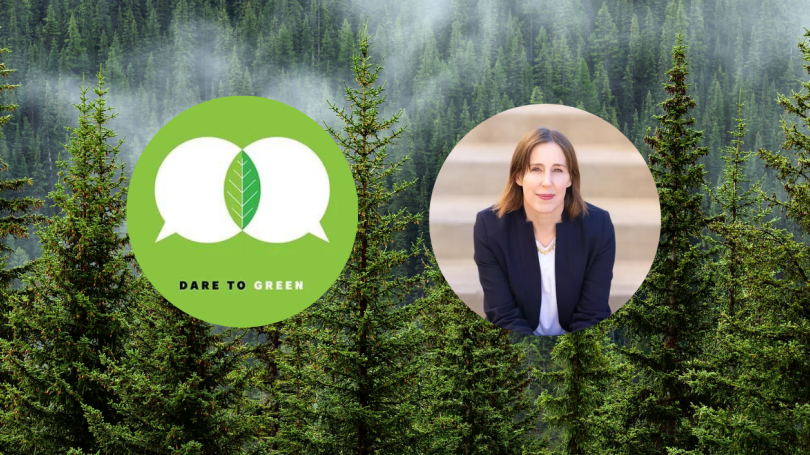 An image of Liana Frey and the podcast logo overlaying a forest scene