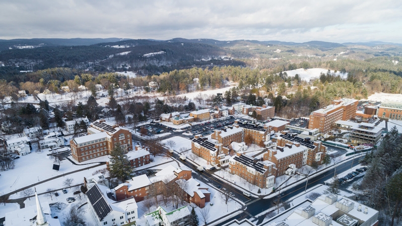 Aerial view of campus in winter