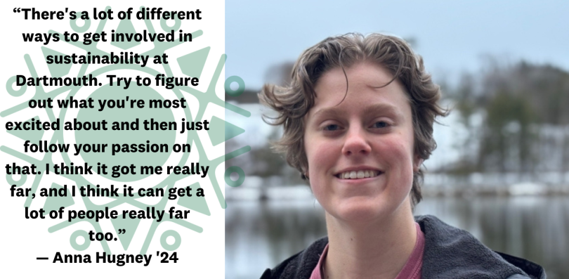 Anna Hugney with text that reads: "There's a lot of different ways to get involved in sustainability at Dartmouth. Try to figure out what you're most excited about and then just follow your passion on that. I think it got me really far, and I think it can