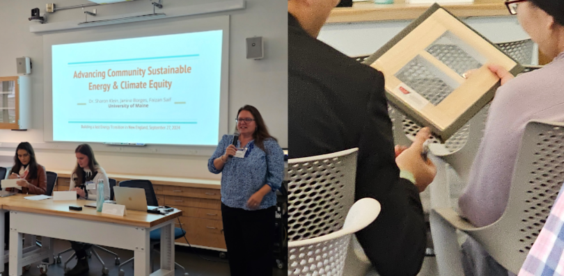 Two photos side by side; on the left a woman speaks in front of a screen; in the second, participants look at a window insert