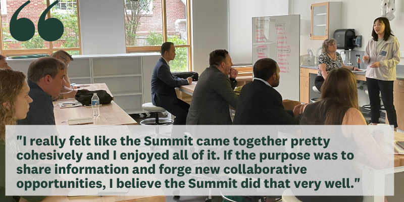 People sitting at tables listening to a woman in the front of the room. Text overlaid reads: I really felt like the summit came together pretty cohesively and I enjoyed all of it. If the purposed was to share information and forge new collaborative opport