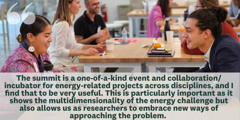 An image of a woman and a man sitting at a table engaged in collegial conversation with group of smiling men and women at a table in the back ground with a quote overlaid that reads: The summit is a one-of-a-kind event and collaboration/ incubator for ene