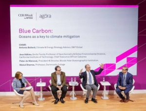 Dartmouth Professor Mukul Sharma is joined on stage by Antonia Bullard, Peter de Menocal, and Jess Adkins. Dartmouth Professor Mukul Sharma is joined on stage by three professionals who sit in chairs and deliver a public discussion.