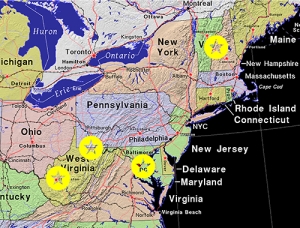 A map of the Northeastern United States with yellow star graphics over several places.