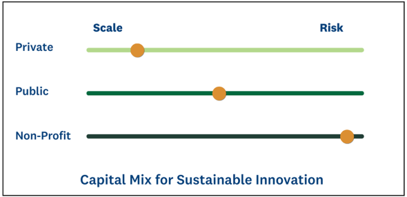 Capital Mix for Sustainable Innovation A line graph depicting the range of scale to risk for private, public, and non-profit. Private has the most scale, public is in the middle, and non-profit has the most risk.